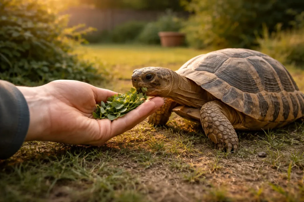 relation confiance tortue terrestre humain nourrissage tortue