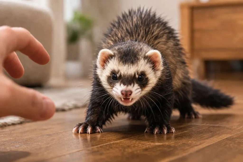 furet agressif posture tendue regard comportement défensif