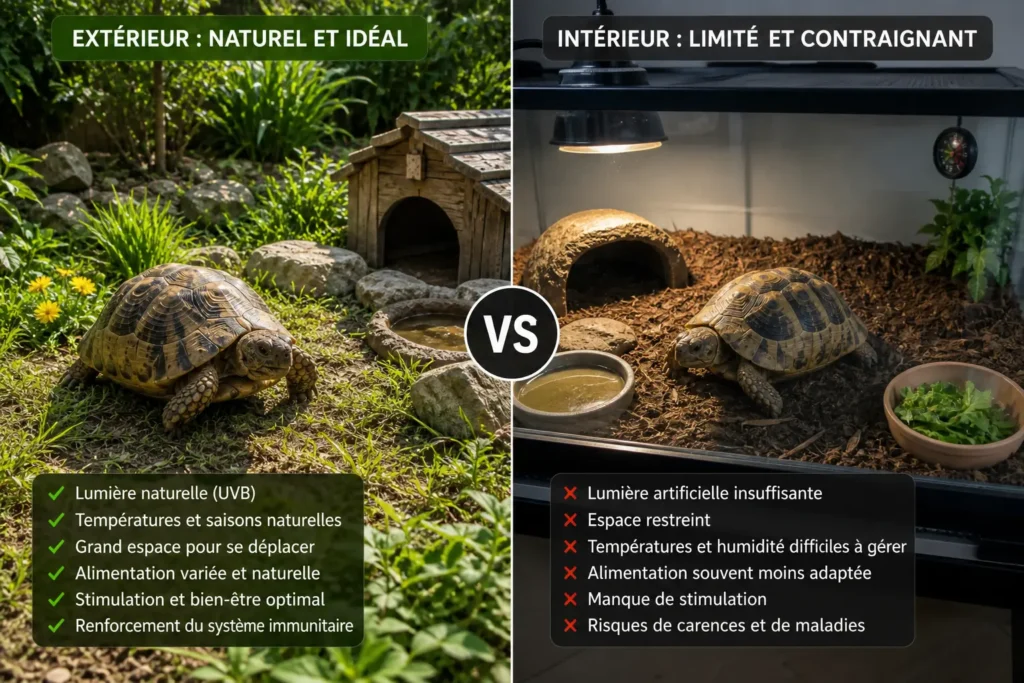 tortue terrestre extérieur vs terrarium intérieur