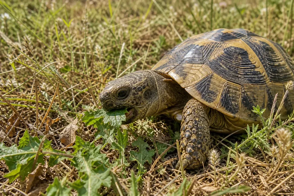 tortue terrestre mange plantes sauvages nature