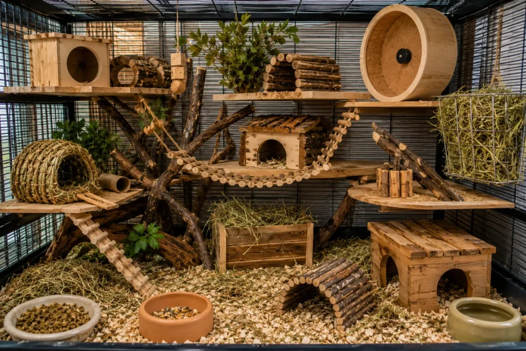 Intérieur d'une cage bien aménagée pour un octodon