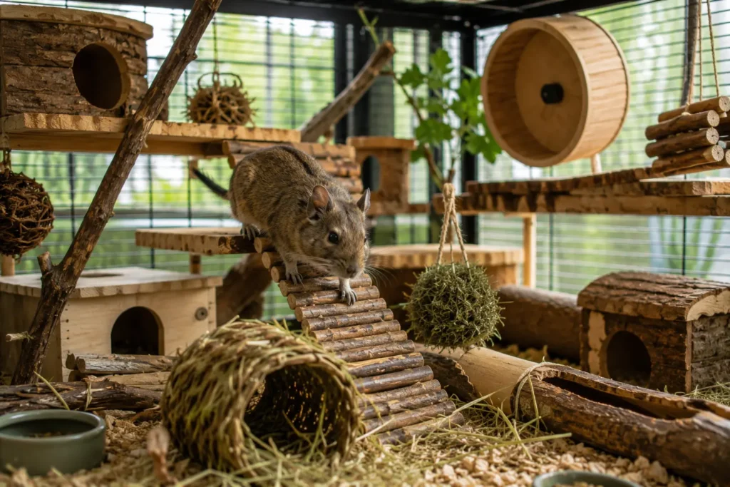 Octodon explorant une cage spacieuse et enrichie