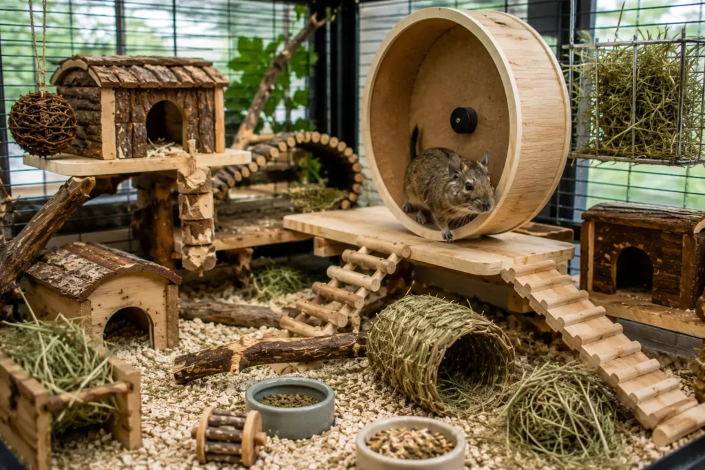 Octodon utilisant une roue pleine dans une cage bien équipée