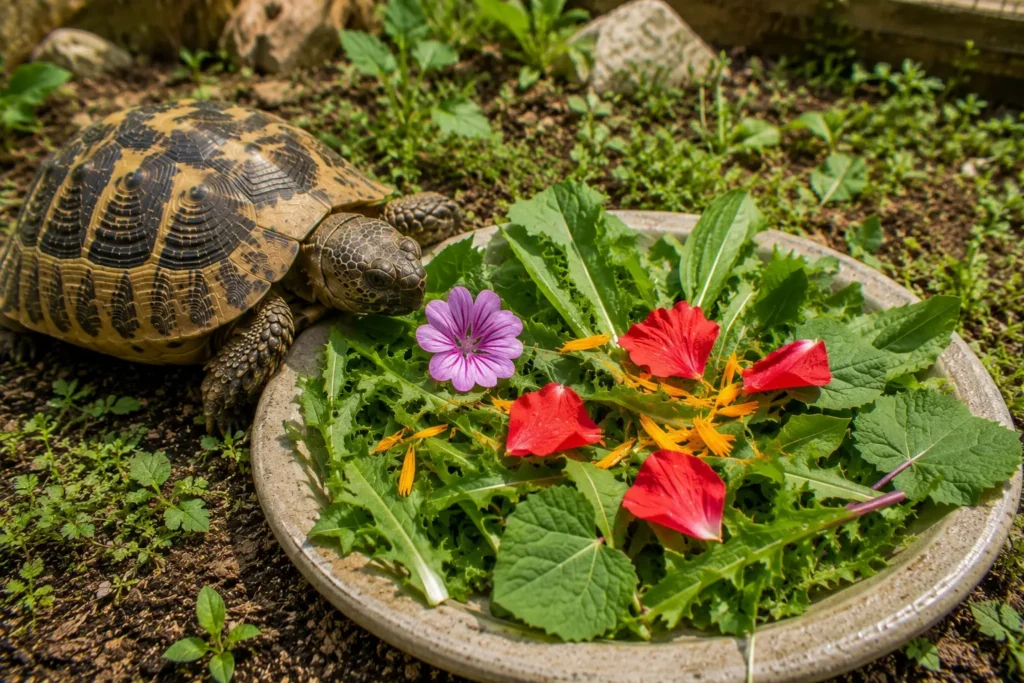 Repas varié avec feuilles et quelques fleurs comestibles pour tortue terrestre