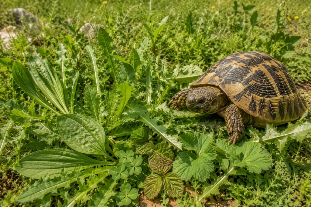 Plantes sauvages pour tortue terrestre dans une zone propre et non traitée