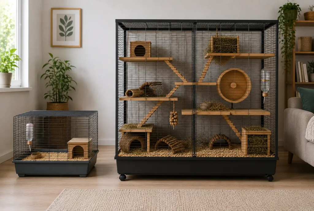 comparaison entre une petite et une grande cage pour octodon