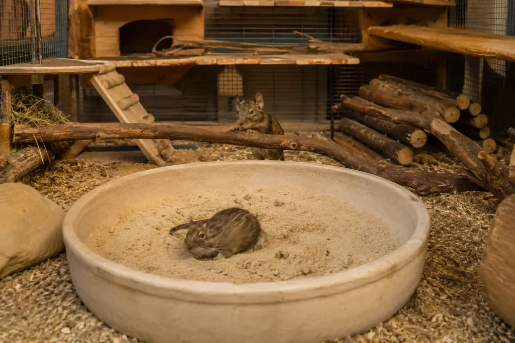 Cachettes, eau, foin et gamelle dans une cage d’octodon