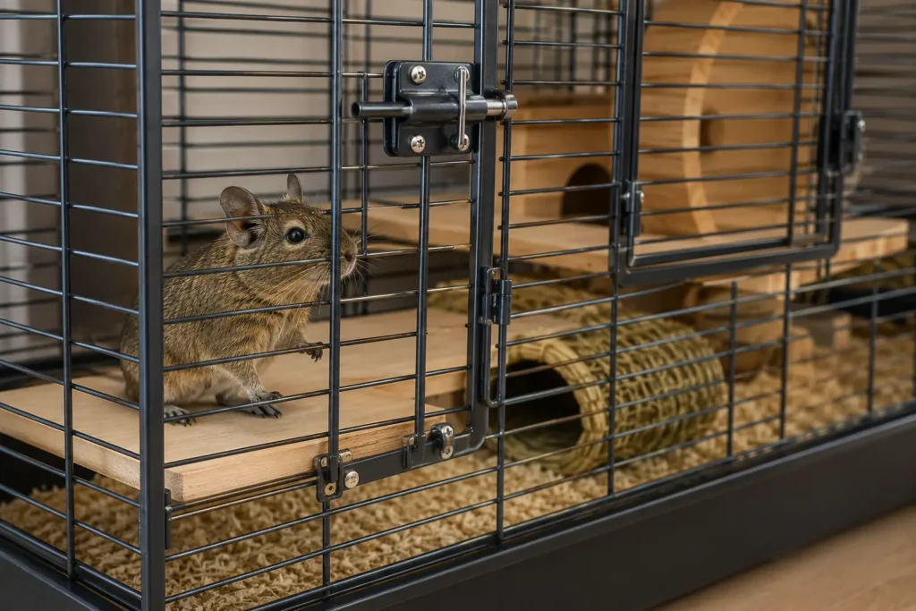 Barreaux rapprochés et fermetures solides d’une cage pour octodon