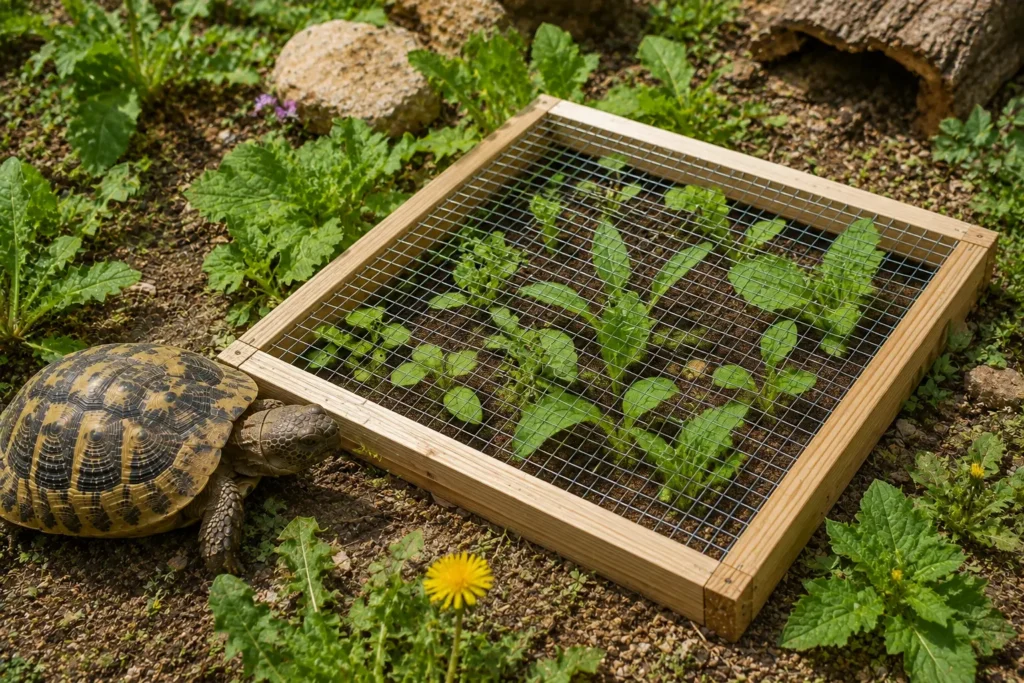 Rotation de trois parcelles végétalisées dans un enclos pour tortue