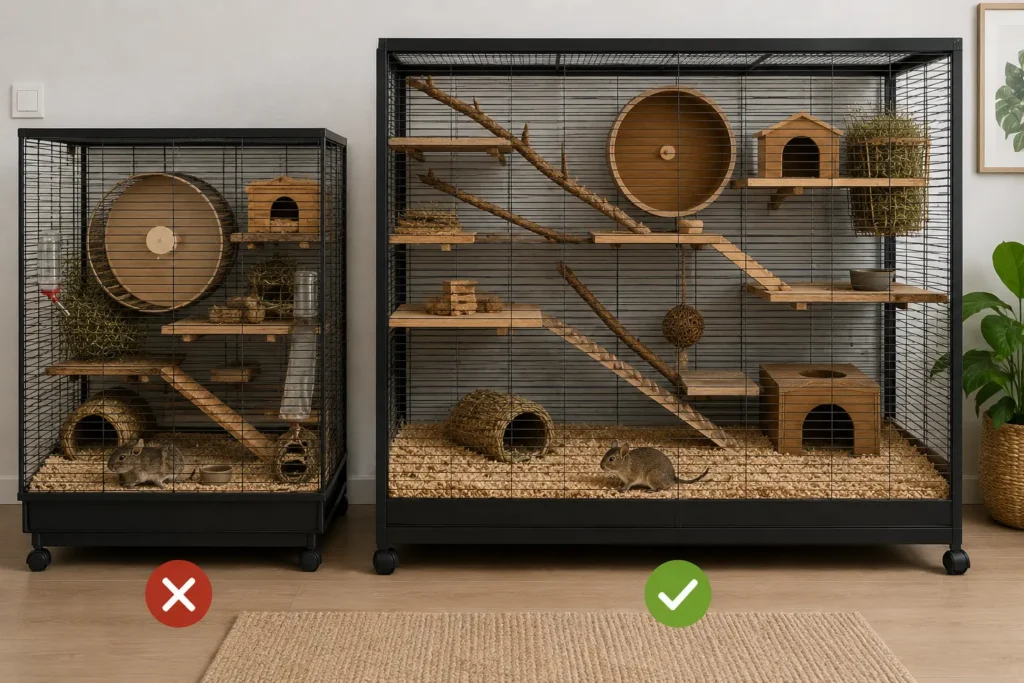 comparaison entre une cage trop petite et une cage adaptée
