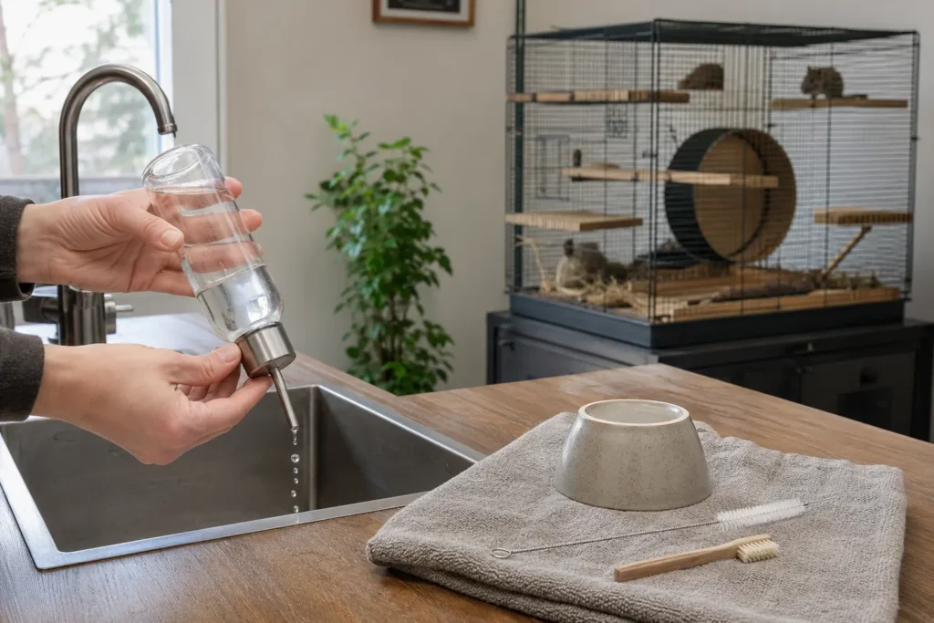 Nettoyage d’un biberon et d’une gamelle pour octodon