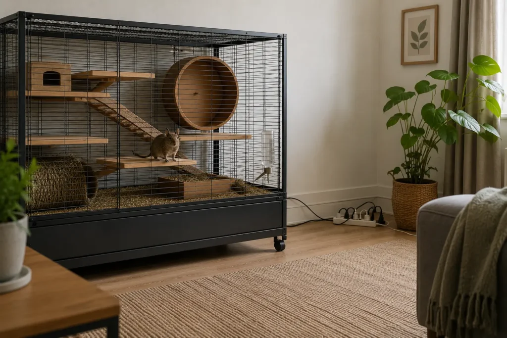 Câbles, plantes et rideaux éloignés d’une cage d’octodon