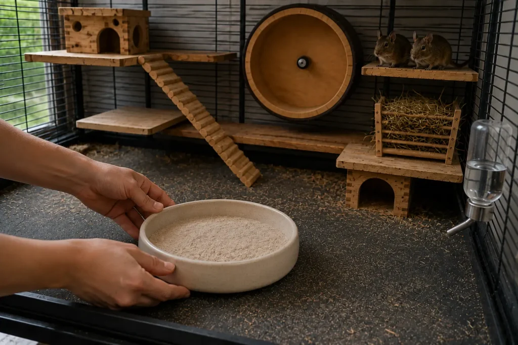 Préparation d’un bain avec 4 à 5 cm de sable pour octodon