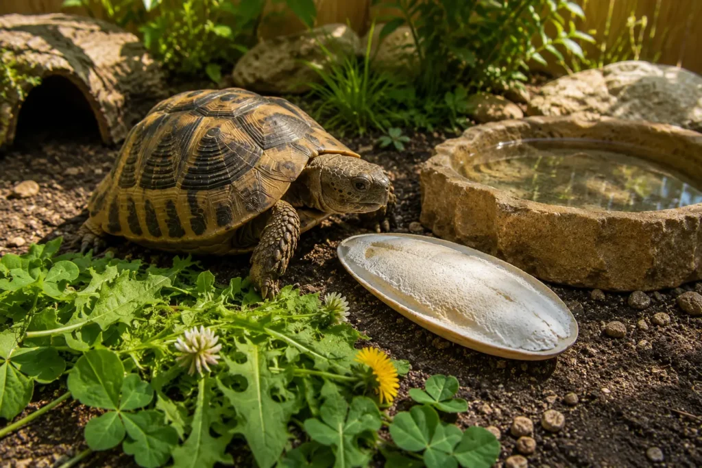 Os de seiche et eau propre à disposition d’une tortue terrestre
