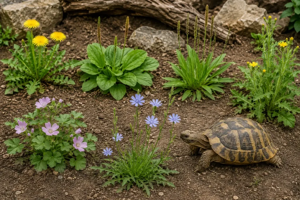 Pissenlit, plantain, mauve et chicorée à semer dans un enclos pour tortue