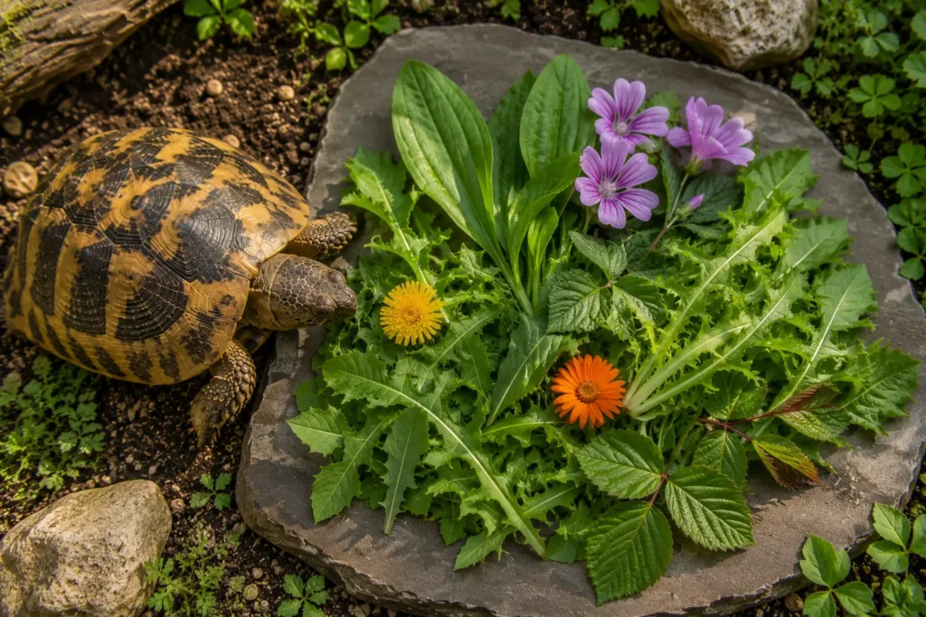 Repas varié composé de plusieurs plantes pour une tortue terrestre