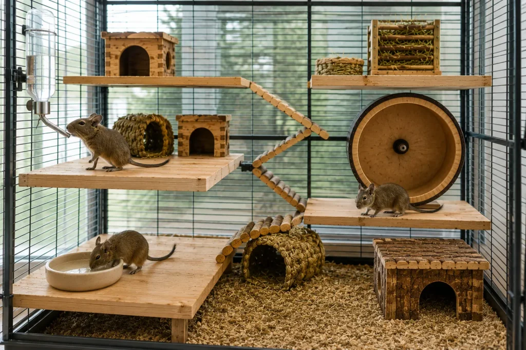 Deux points d’eau séparés dans une cage accueillant plusieurs octodons