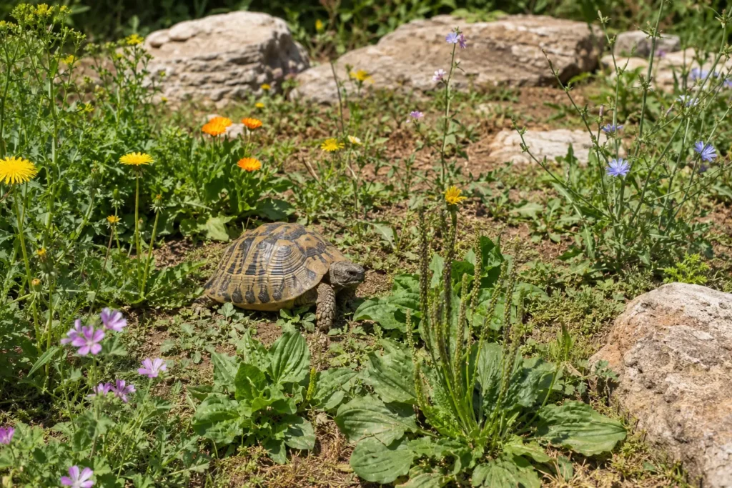 Tortue terrestre dans un enclos planté de végétaux comestibles