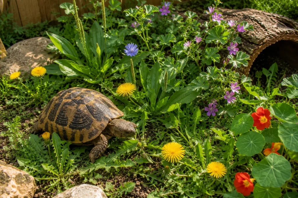 Plantes comestibles cultivées dans un enclos pour tortue terrestre