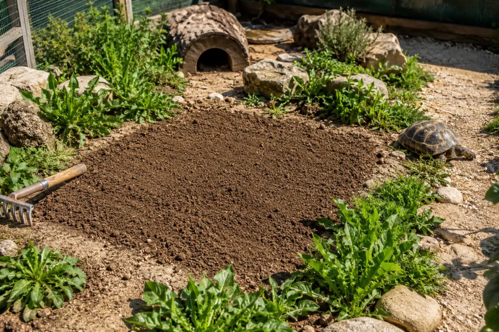 Sol légèrement ameubli avant de semer dans un enclos pour tortue
