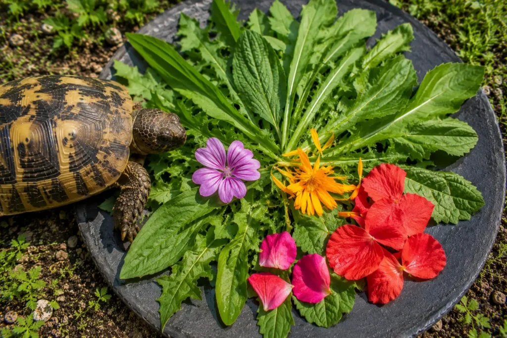 Petite quantité de fleurs intégrée au repas d’une tortue terrestre