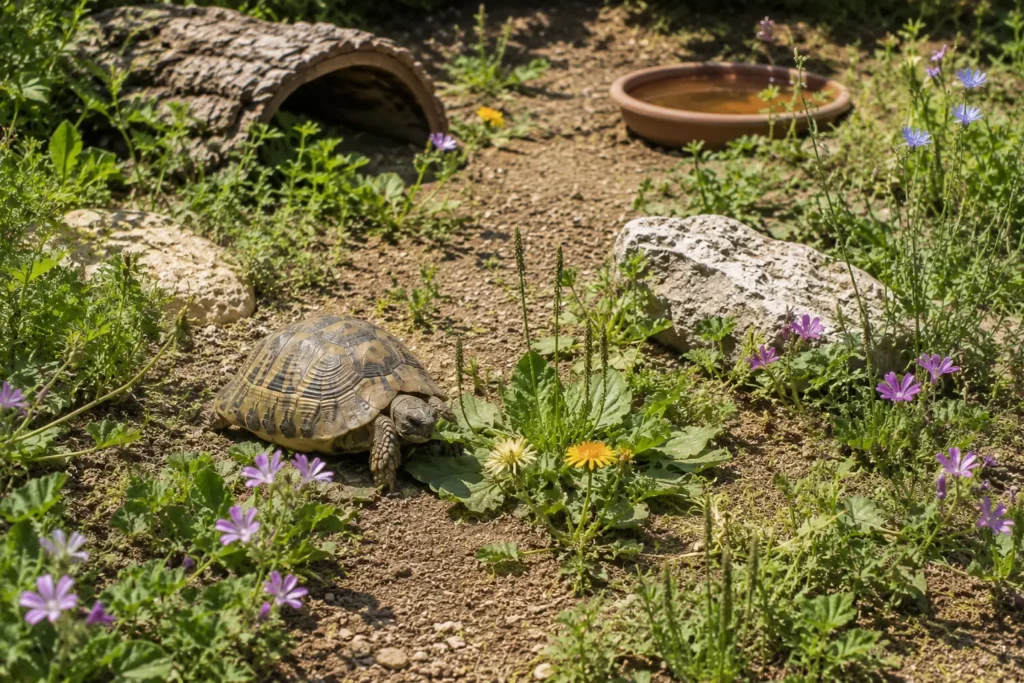 Enclos végétalisé favorisant le broutage naturel d’une tortue terrestre