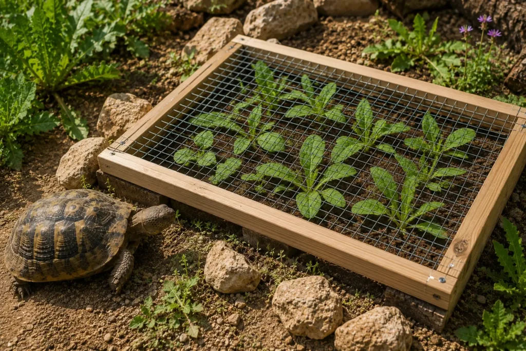 Jeune mauve repiquée dans un enclos pour tortue terrestre