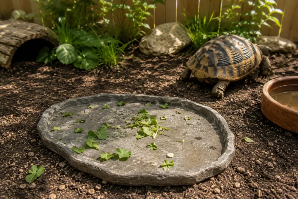 Espace de nourrissage nettoyé après le repas d’une tortue terrestre