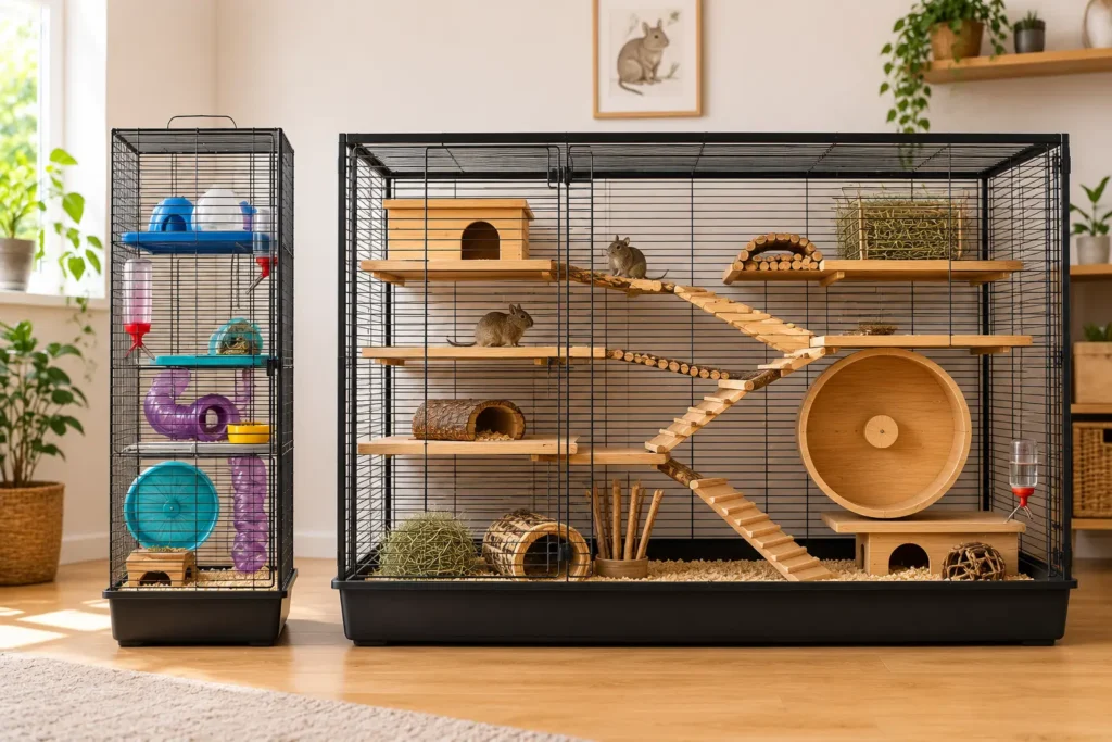 Comparaison entre une cage inadaptée et une cage adaptée à l’octodon