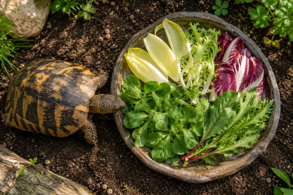 Endive, scarole et feuilles adaptées en complément pour une tortue terrestre