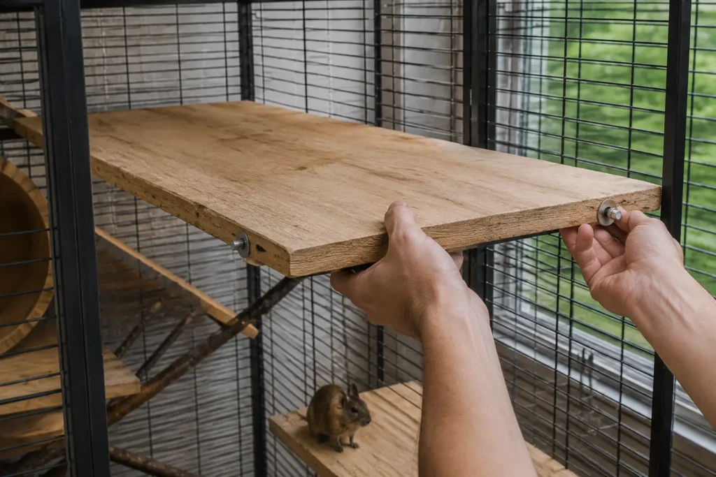 Fixation d’une grande plateforme en bois dans une cage d’octodon