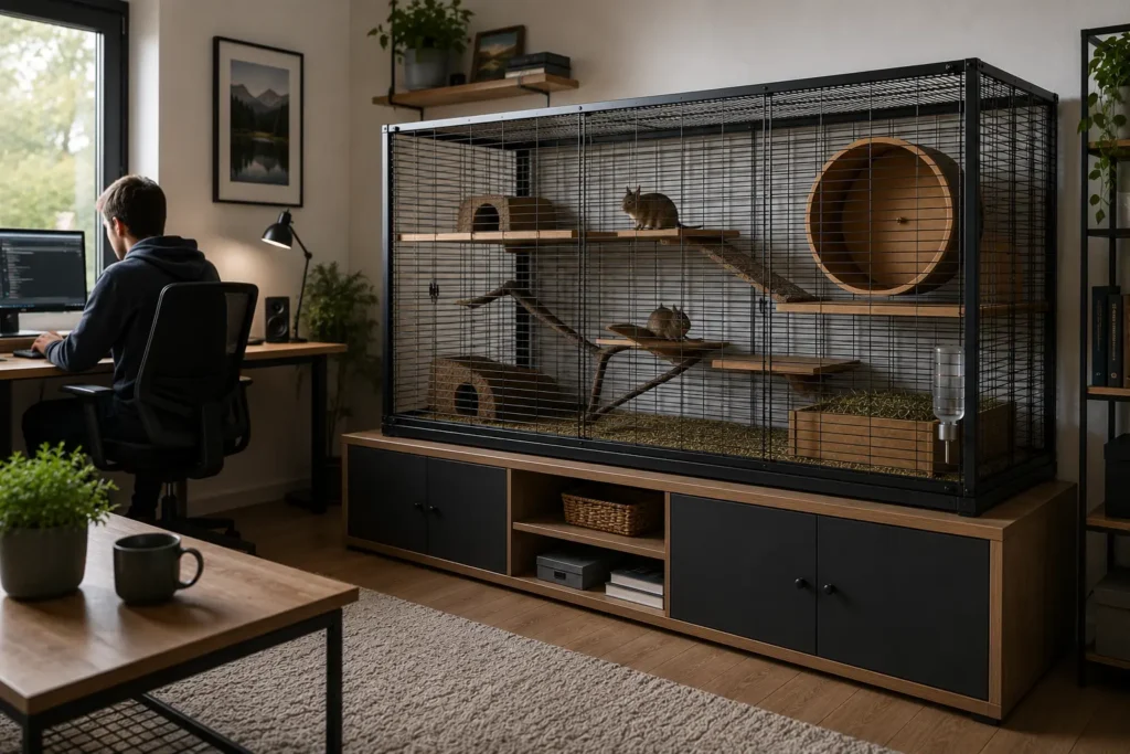 Cage d’octodon installée sur un support stable dans un bureau calme