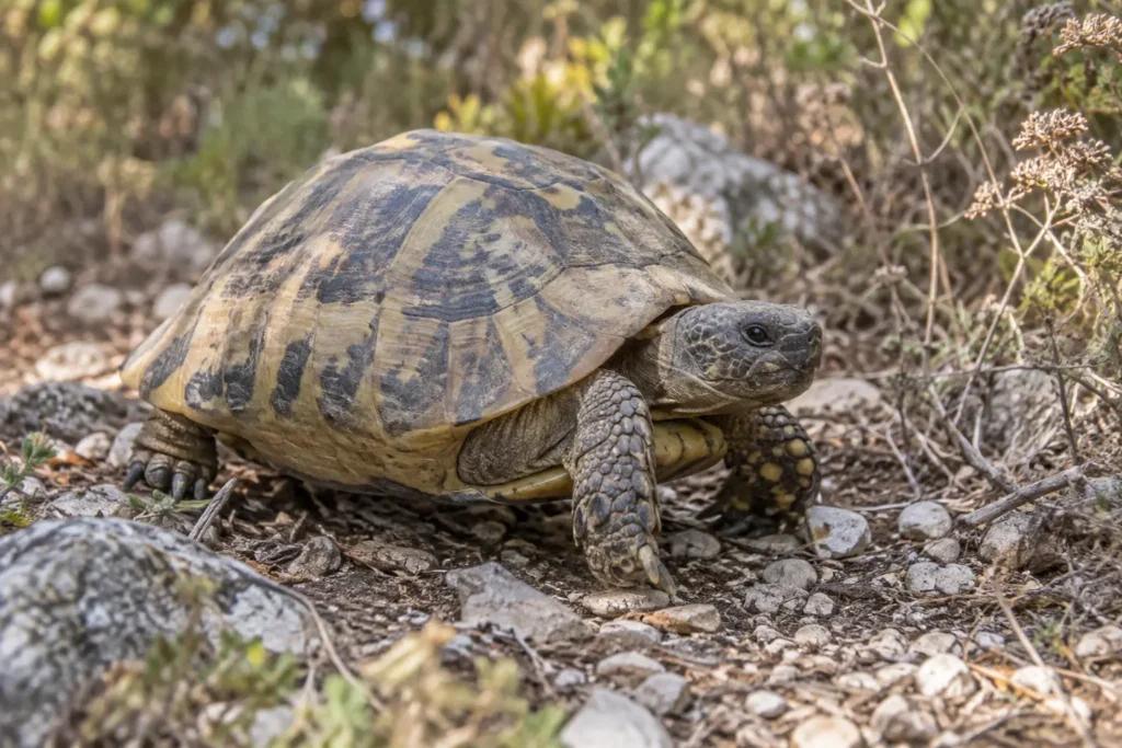 Carapace d’une tortue d’Hermann âgée avec des stries moins visibles