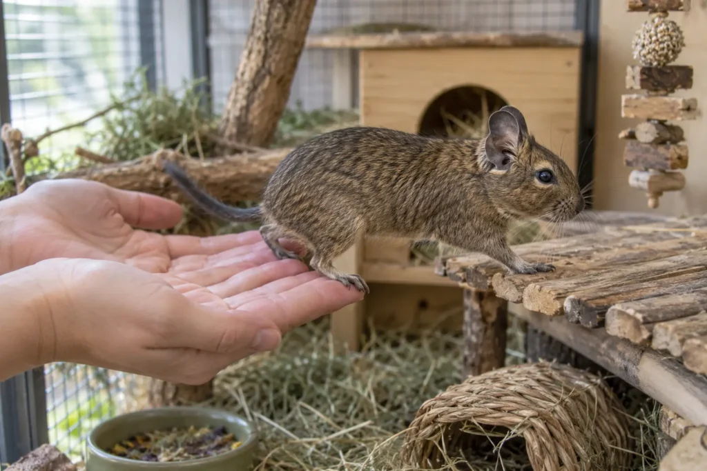 Octodon quittant volontairement les mains de son humain
