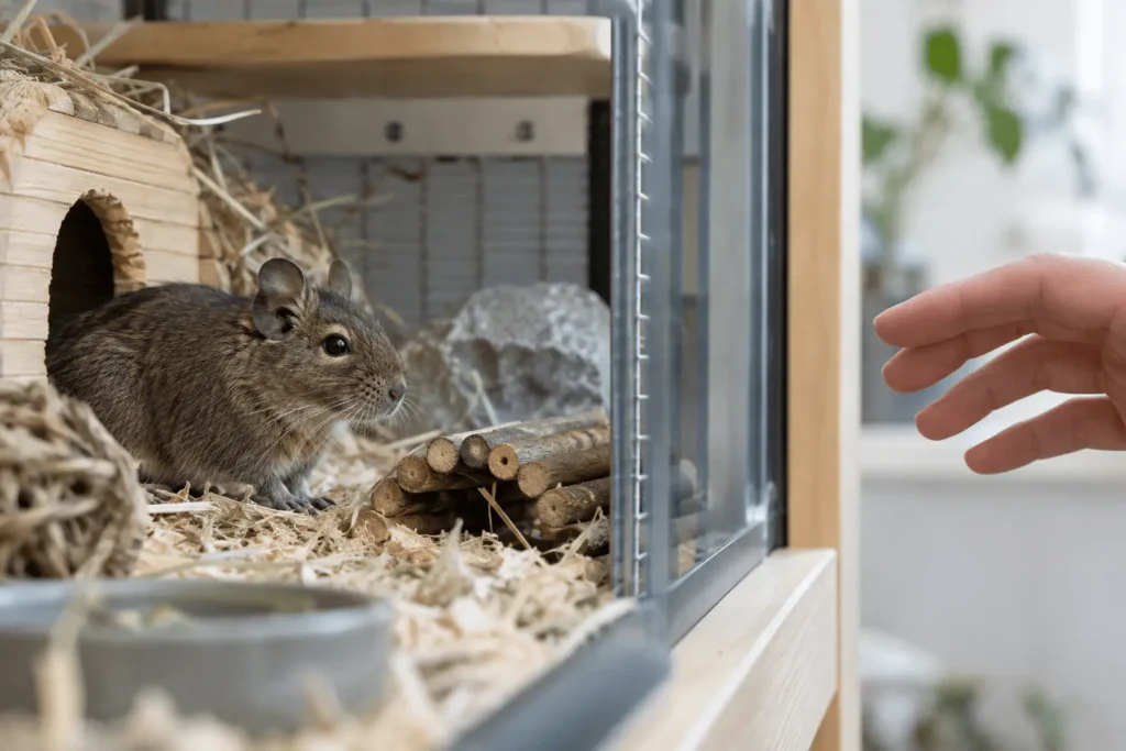 Octodon observant une main à distance derrière la paroi de sa cage
