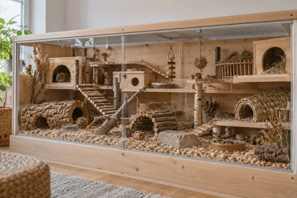 Habitat sécurisant avec cachettes et plateformes pour un octodon craintif