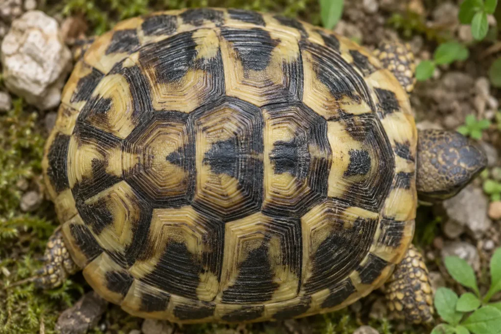 Stries de croissance sur la carapace d’une jeune tortue d’Hermann