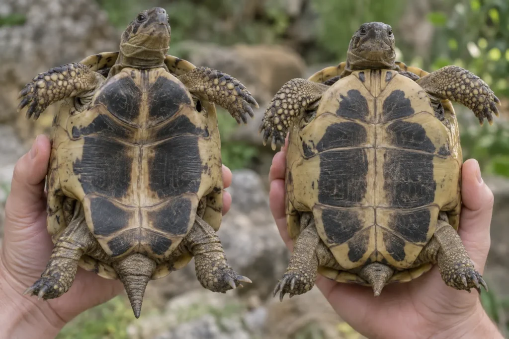 Plastron d’une tortue d’Hermann mâle et femelle