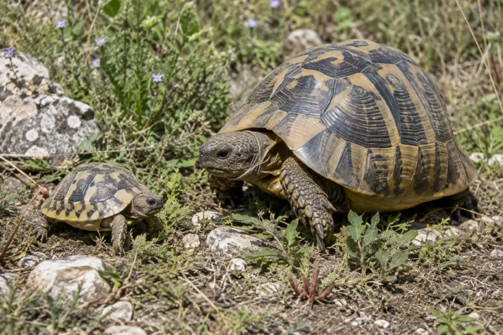 Différence de taille entre une jeune tortue et une tortue d’Hermann adulte